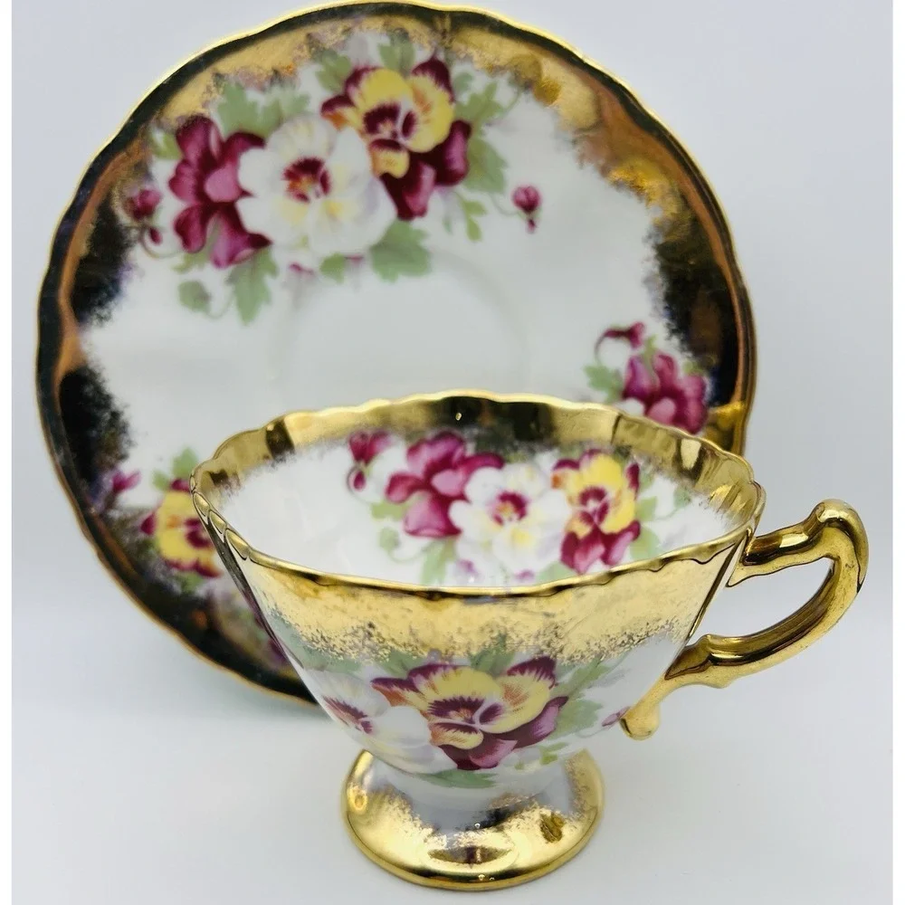 Norcrest Teacup Saucer Gold Encrusted Pansy Floral Footed China Japan Vintage